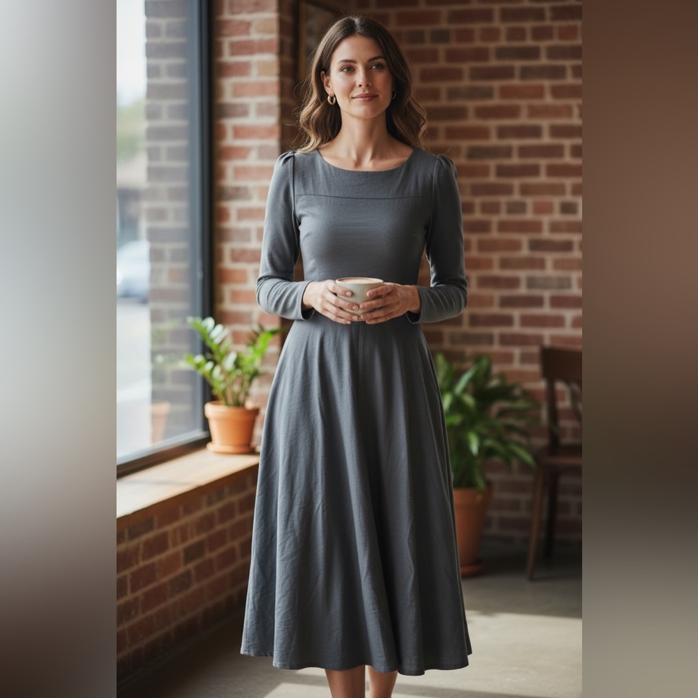 Vintage Elegant Gray Long Sleeve Dress